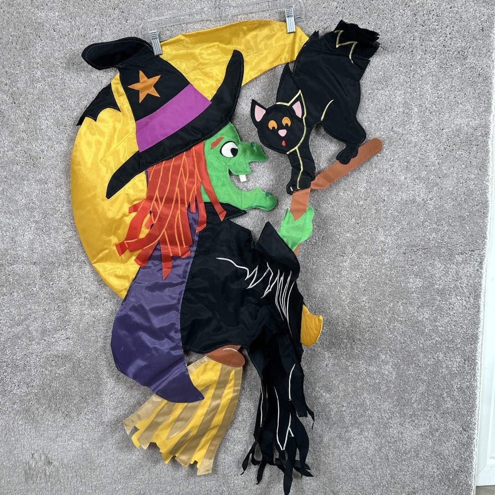 Vintage HTF NCE Nylon Halloween Witch On Broom W/ Black Cat Porch Flag from 1997